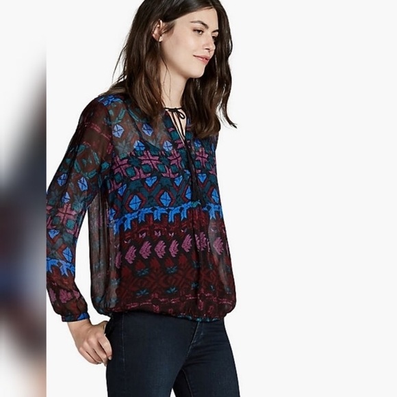 NWT Lucky Brand Vibrant Geo Peasant Top - Picture 1 of 7
